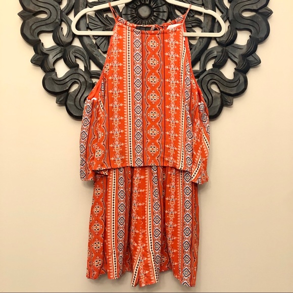 Sadie & Sage Red Orange Popover Aztec Boho Romper - Picture 5 of 10